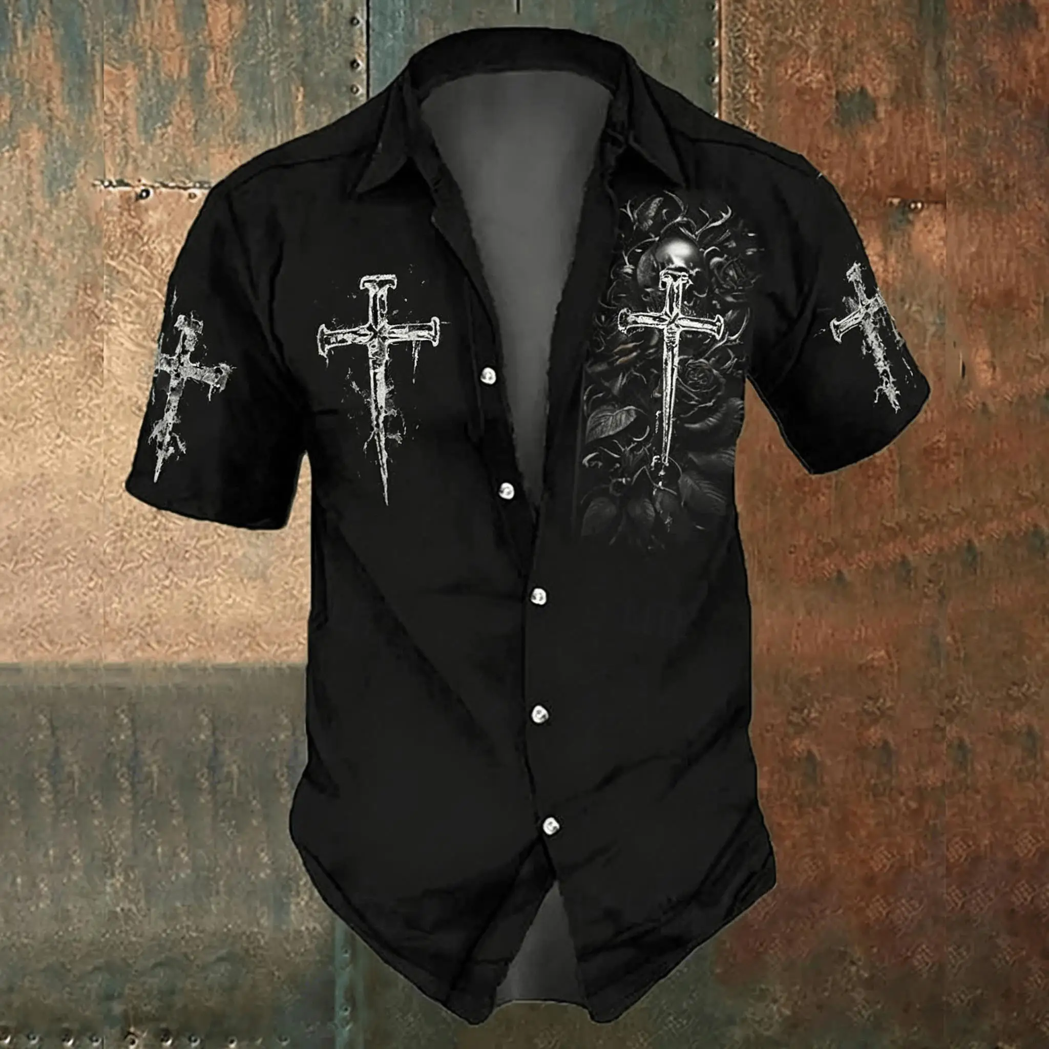 Men'S Gothic Formal Wear - Men's black cross-print casual shirt, Gothic