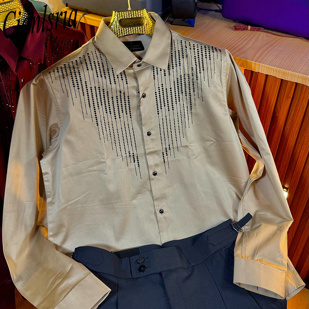 Men Formal Party Wear Shirt - Men Luxury Vertical Rhinestone Long Sleeve