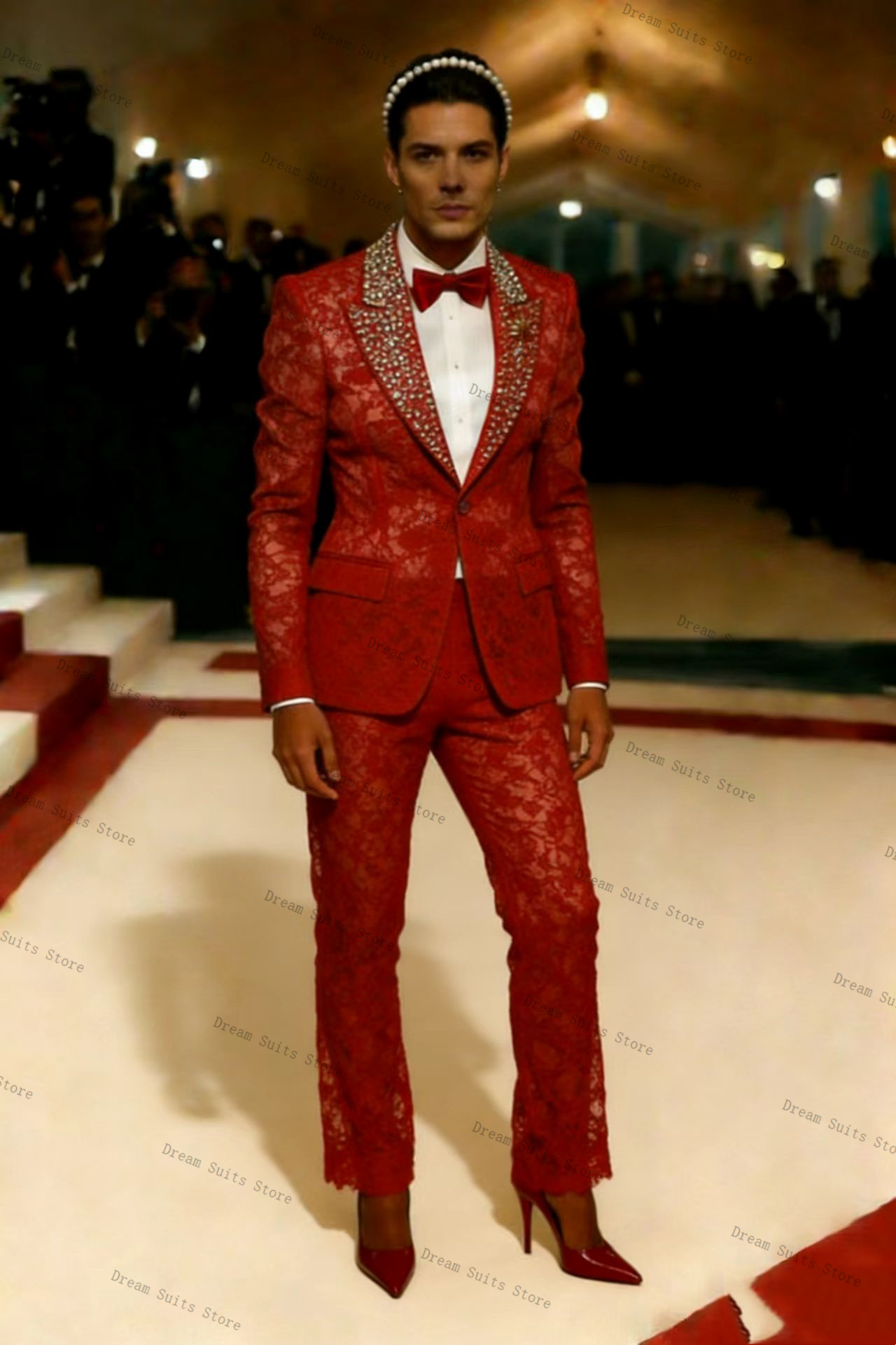 Men Formal Wear Red - Gold Crystals Men Suit Set 2