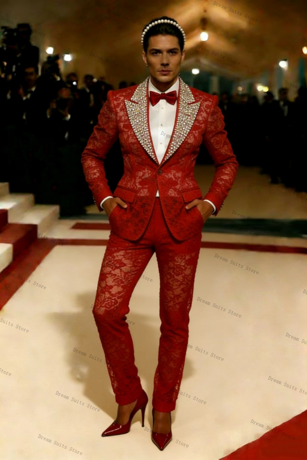 Gold Crystals Men Suit Set 2 P - Men Formal Wear Red recension och pris